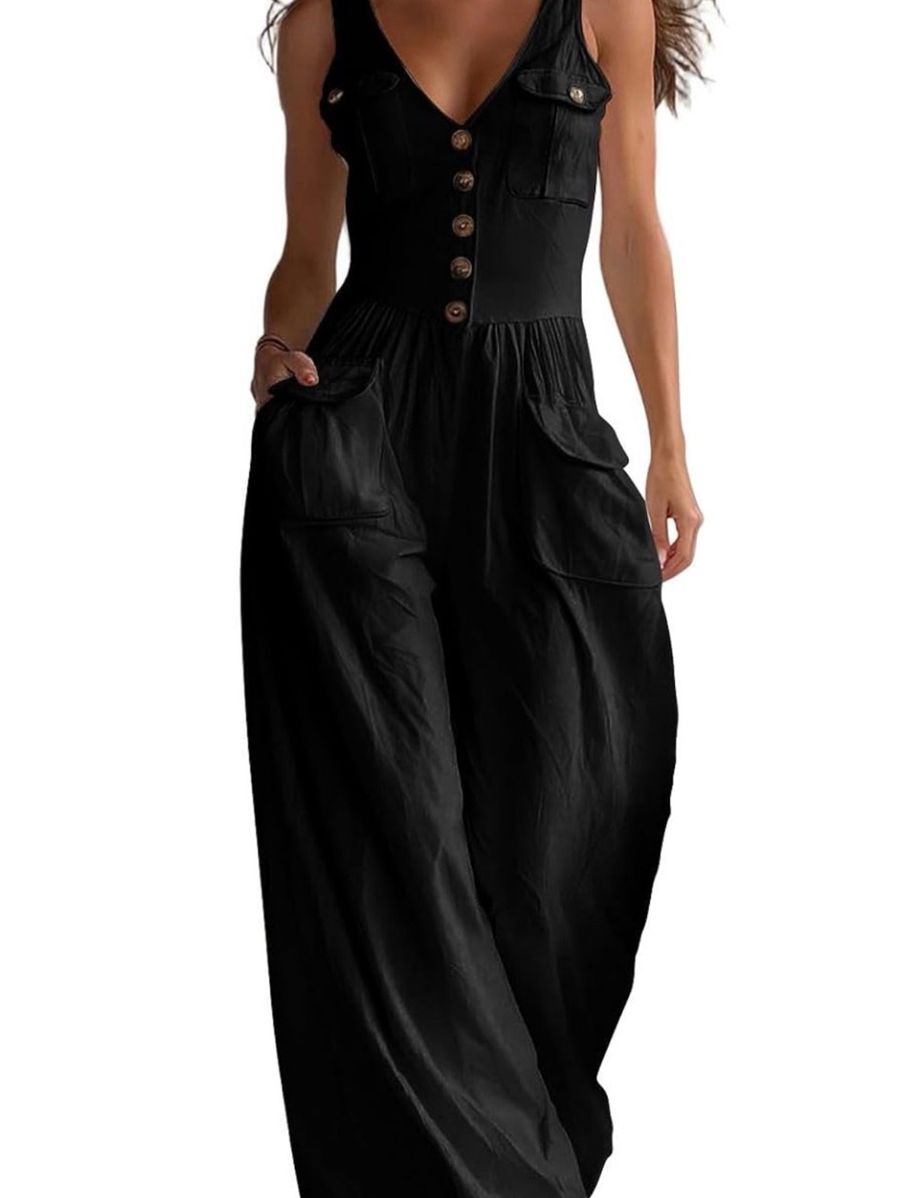 Black Wide-Leg Jumpsuit with Button Front - Picture 3 of 3